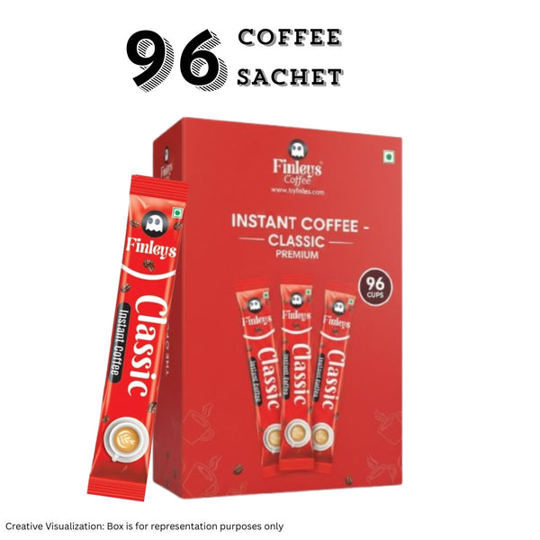 Finleys 96 Classic Sachet | Instant Coffee Powder Sachets (Classic) - 96 Grams| Hot & Cold Coffee| Makes 96 Cups| Strong Coffee| Easy To Carry| Best Coffee| Espresso, Latte, Cappuccino (Unflavoured)
